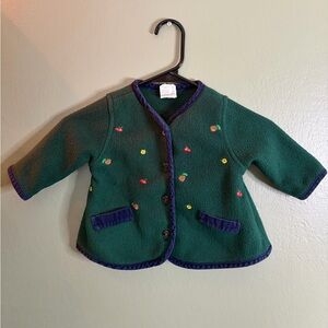 Vintage Children's Fleece Cardigan Size 12 Months Green Embroidered